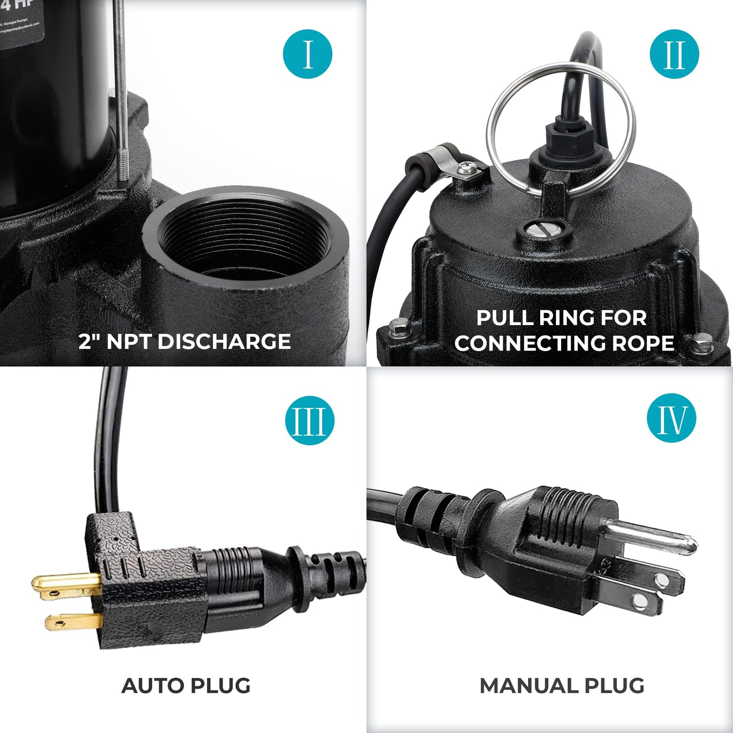 BOMGIE Sewage Pump, Cast Iron Effluent Pump, Automatic Tethered Float Switch, Sewage Sump Pump for Sump Basin, Basement, Residential Sewage, 2'' NPT Discharge, Dark