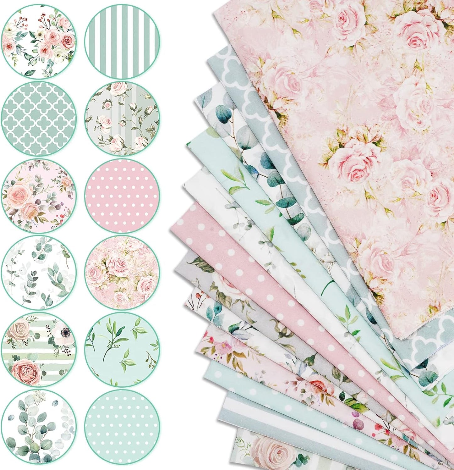 Whaline Cotton Fabric Bundles - 12Pcs Floral Greenery Print | 18 x 22 Inch Fat Quarters for DIY Crafting