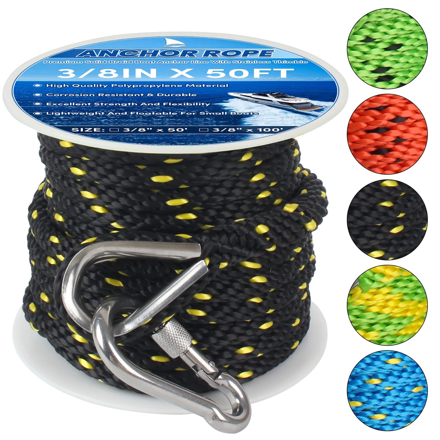 BALAVA Anchor Rope 50FT x 3/8in,Premium Solid MFP Braided Anchor Rope Anchor Line,Boat Anchor Rope with Stainless Steel Thimble & Snap Hook,Boat Rore Marine Rope for Anchors and Boats(Black/Yellow)