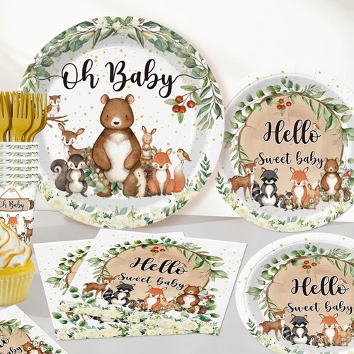 179pcs Woodland Baby Shower Decorations Include Woodland Plates and Napkins Set, Banner, Hanging, Tablecloth, Cupcake Topper, Balloon, for Neutral Forest Animal Baby Shower Decor, Serves 25