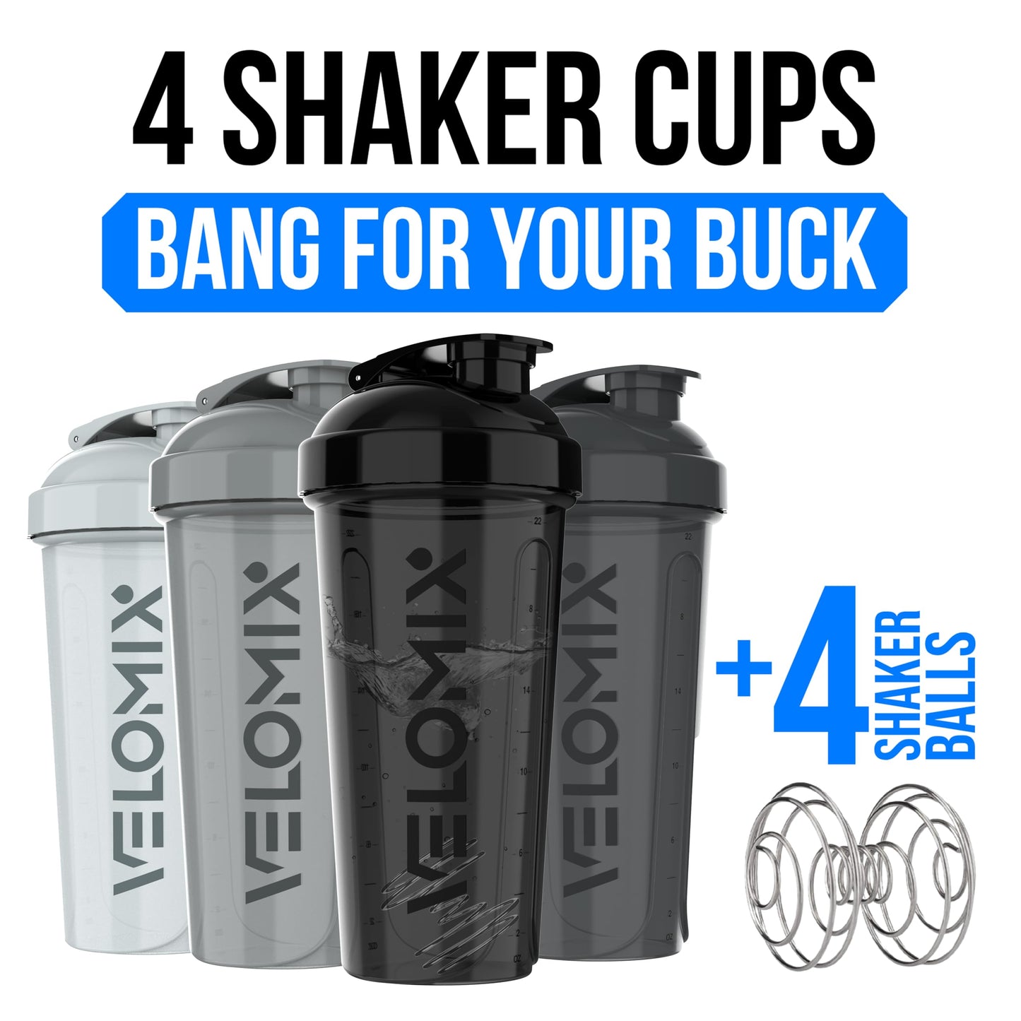 VELOMIX -4 Pack- 28 oz Protein Shaker Bottles for Protein Mixes - 4x Wire Whisk | Leak Proof Shaker Cups for Protein Shakes | Stackable Protein Shaker Bottle Pack (A1) Silver Aurora