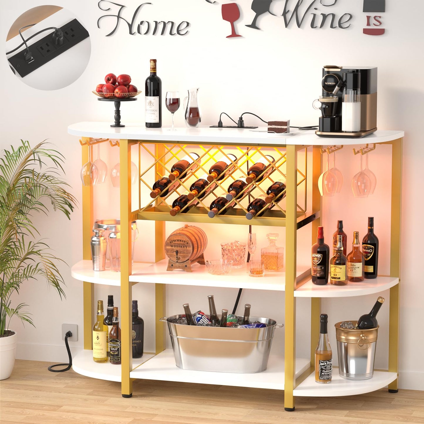 Unikito 4-Tier Metal Coffee Bar Cabinet with Outlet and LED Light, Freestanding Floor Bar Table for Liquor with Glass Holder and Wine Storage, Wine Bakers Rack for Kitchen Dining Room, White and Gold