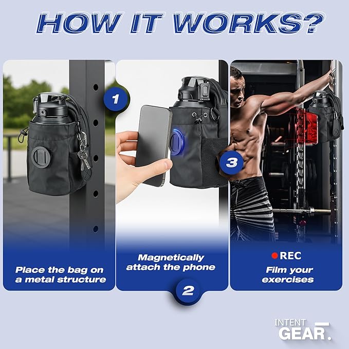 Magnetic Gym Bag with Magnetic Phone Holder for Gym Members - Strong Magnet Attaches to Gym Equipment - Holds Water Bottle, Smartphone & Gear - Gym Must Haves for Influencer Videos