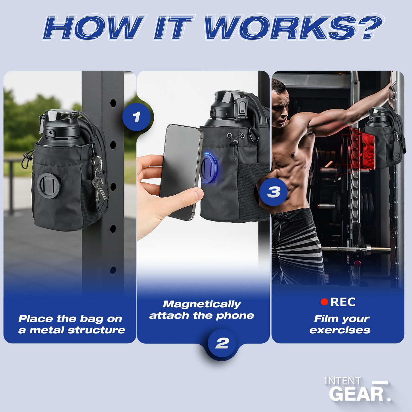 Magnetic Gym Bag with Magnetic Phone Holder for Sports Lovers - Strong Magnet Attaches to Exercise Equipment - Holds Water Bottle, Smartphone & Gear - Gym Must Haves for Influencer Videos