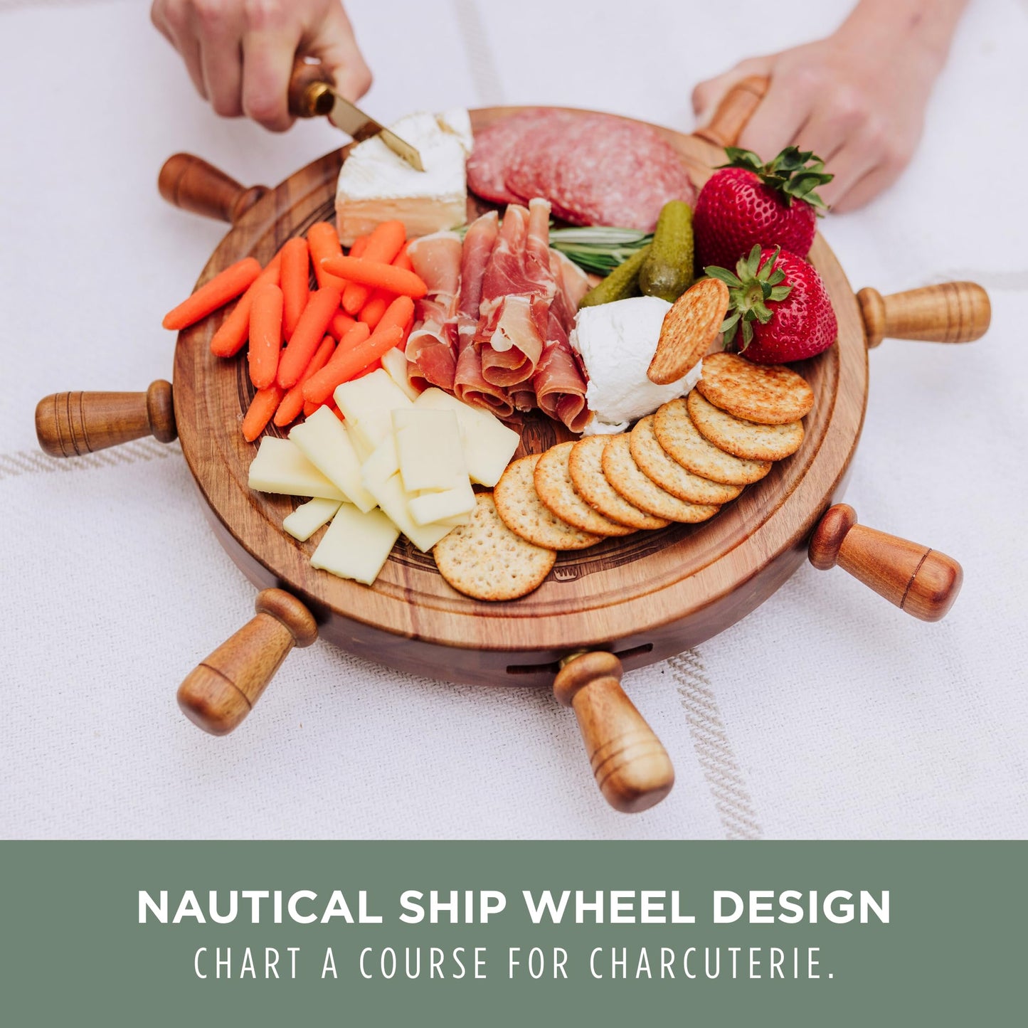 PICNIC TIME Helmsman Lazy Susan Cheese Board and Tool Set, Charcuterie Board Set, Wood Cutting Board with Cheese Knives, (Acacia and Gold)