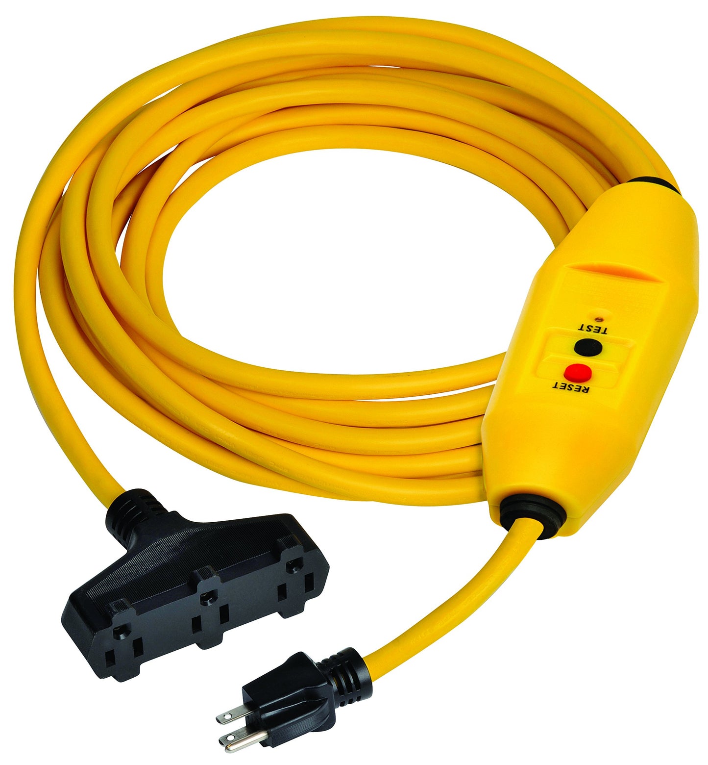 Tower Manufacturing 30438306-01 Auto-Reset 15 AMP Inline GFCI Triple Tap Cord, 100 Feet, Yellow