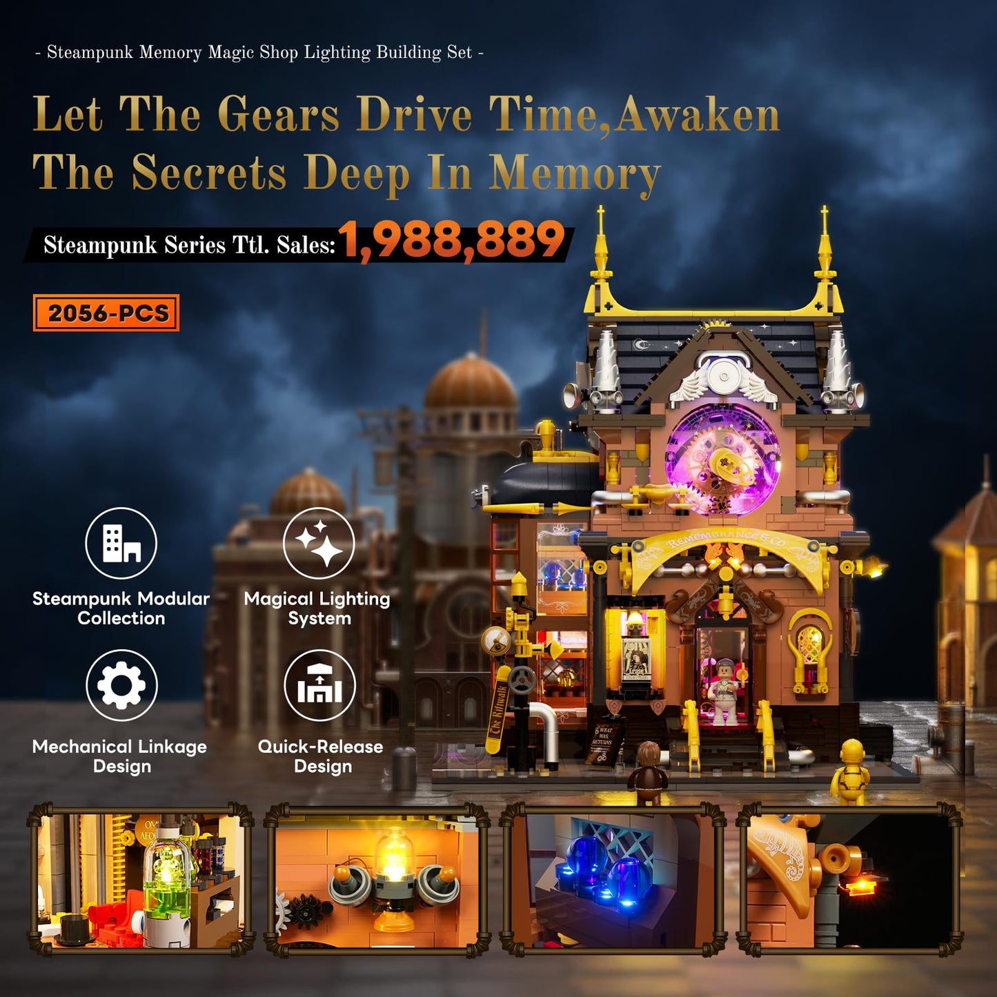 Lumibricks Steampunk Memory Magic Shop Lighting Building-Bricks Set, 2056 Pcs Modular Building from Chrono Custodians Collection Display Set for Adults and Steampunk Lovers