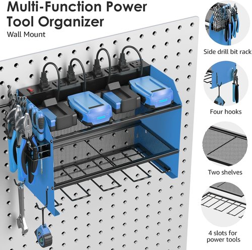 CCCEI Modular Power Tool Organizer - Wall Mount Charging Station with Hooks & 8 Outlet Battery Holder - Blue, 1 Pack