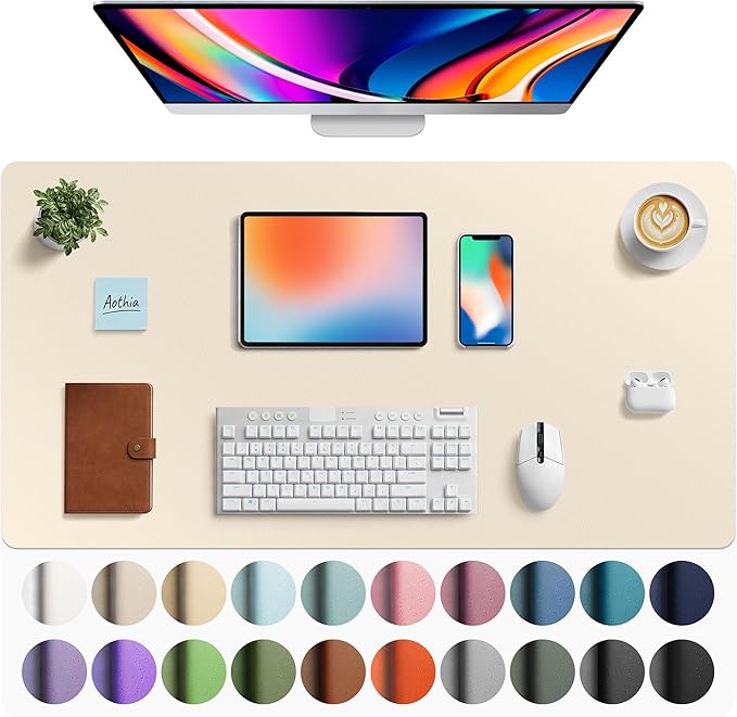 Aothia Faux Leather Desk Mat - Large Mouse Pad, Non-Slip PU Leather Blotter, Waterproof Writing Surface for Office and Home (Beige, 40" x 24")