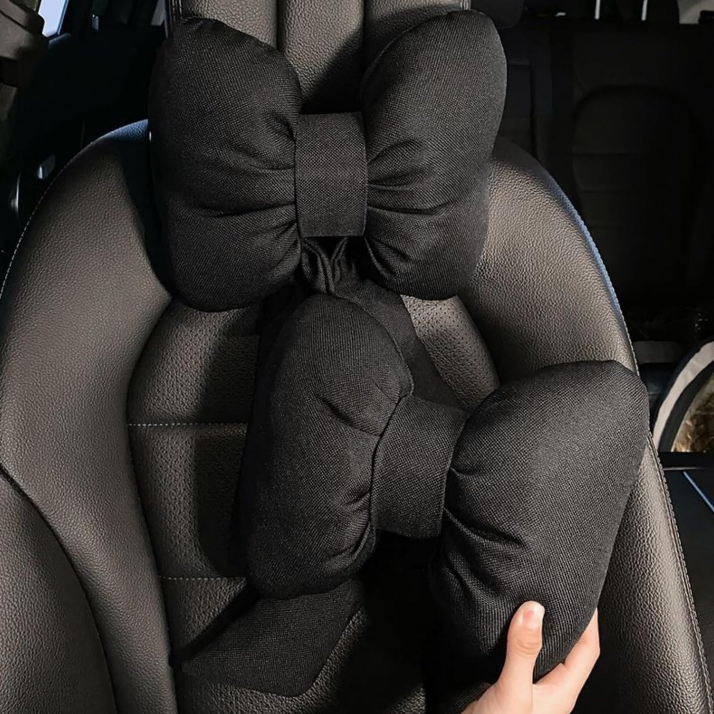 UINSUE 2PCS Chic Car Headrests with Bow-Shaped Cotton Linen Bowknot Neck Pillows for Cozy Road Trip & Cute Interior Decoration (Black)