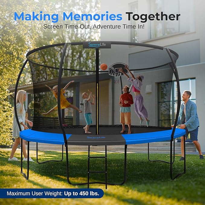 SereneLife 8FT 10FT 12FT 14FT Outdoor Trampoline for Kids - Recreational Backyard Trampoline with Curved Safety Poles, Net Enclosure, Ladder & Basketball Hoop - ASTM Approval for Kids Adults