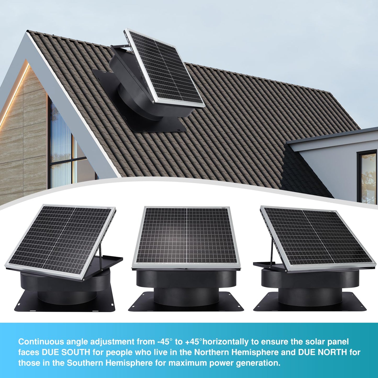 PATIOASIS Solar Attic Fan 30W Controller-Free Auto Ventilates Up to 2800 Sq Ft, Solar Roof Vent with 5-Blade Alloy Fan & Adjustable Panel for Home, Garage