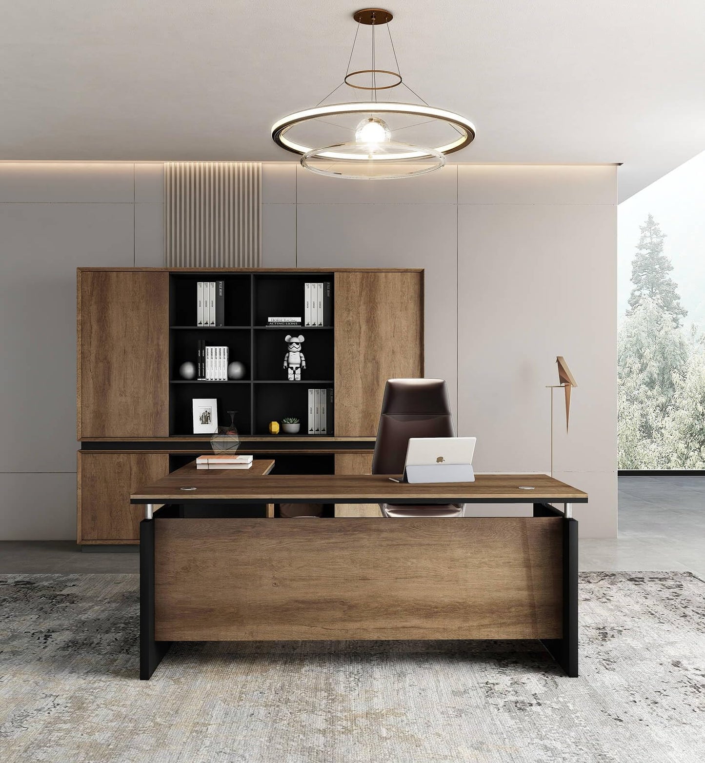 63 Inch L-Shaped Executive Desk Set of 2, Industrial Modern Wood Office Desk with 3 Drawers, Built-in Cable Management & Power Outlet, Real Wood Finish, Reversible Left/Right Return Home Workstation