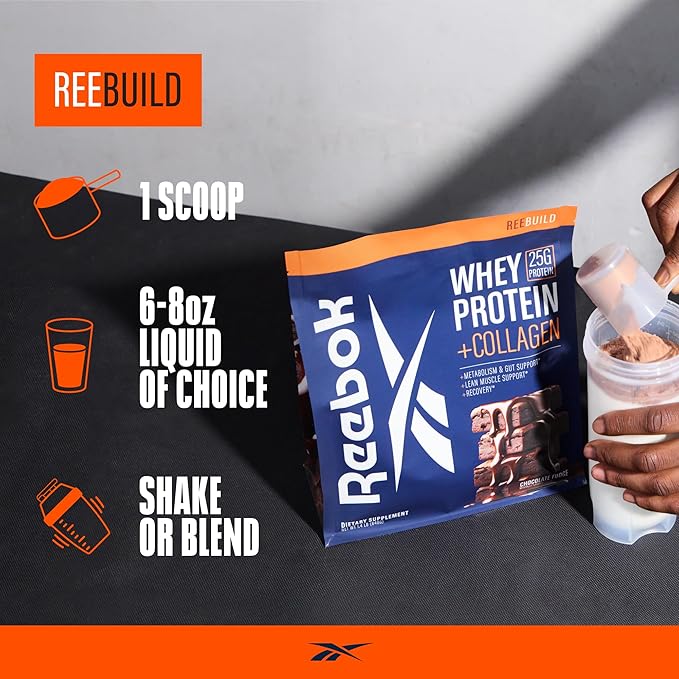 Reebok Whey Protein Powder + Collagen Peptides | 25g Protein with 9 Essential Amino Acids | Muscle Recovery, Joint & Gut Support | Informed-Sport Certified | ReeBuild Chocolate Fudge Flavor, 1.3 lb