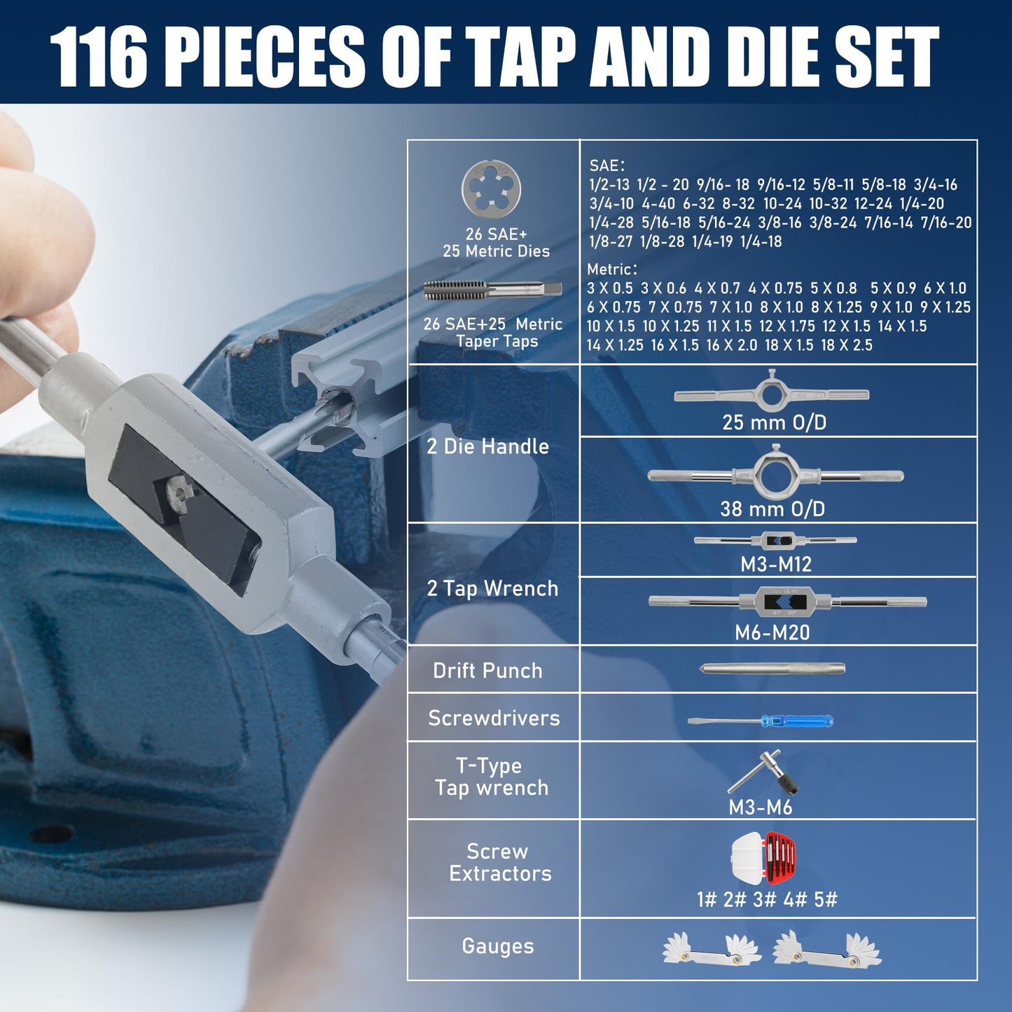 Anfrere 116pcs Tap and Die Set in SAE & Metric Sizes, Standard Tap Set and Die Tool Set for Threading and Rethreading Internal and External Threads, M3-M18 Thread Repair Kit