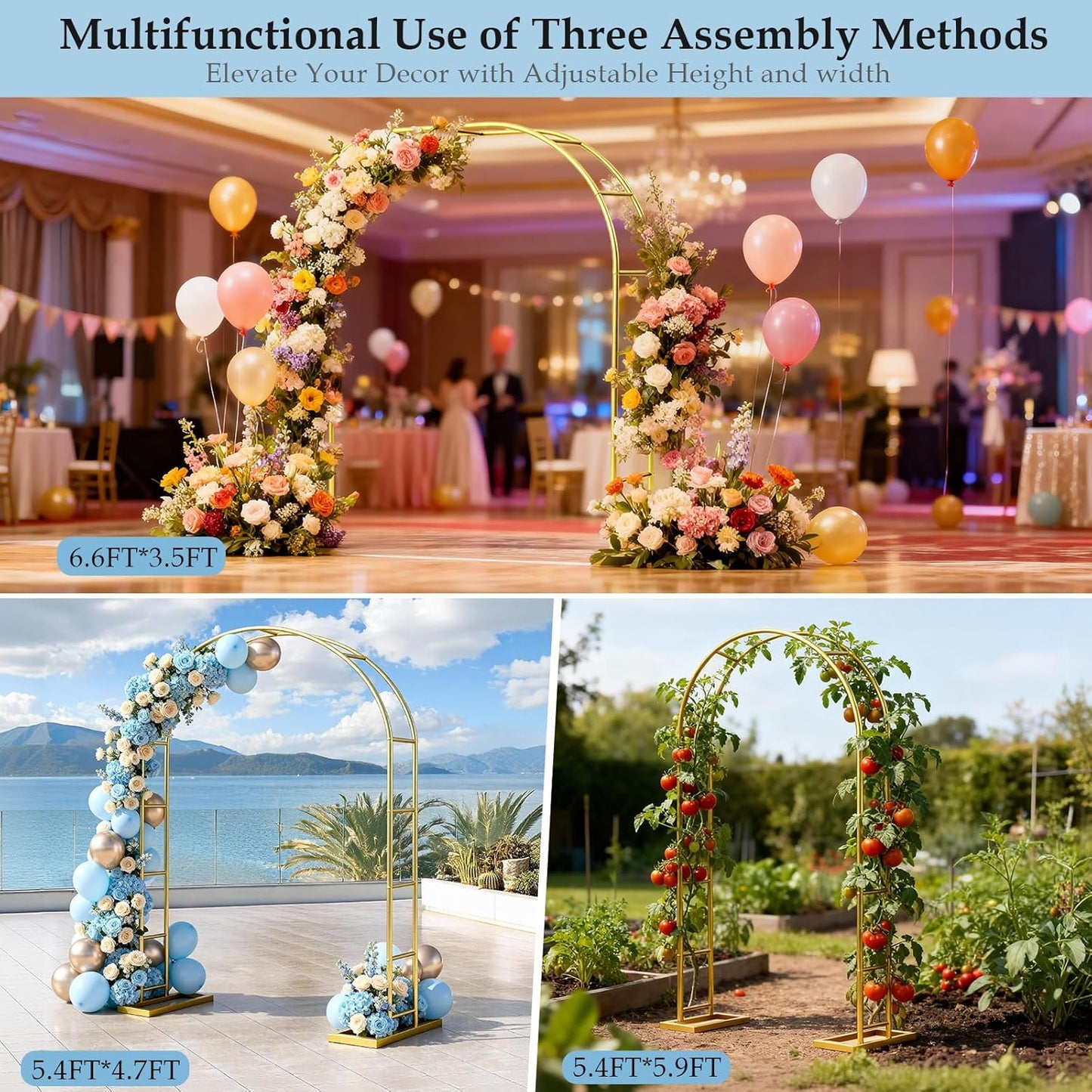 Stand,6.6FTx3.5FT 3 Arch Backdrop Metal Pergola Arbors,Gold Garden Wide Arbors and Arches Trellis for Climbing Plants