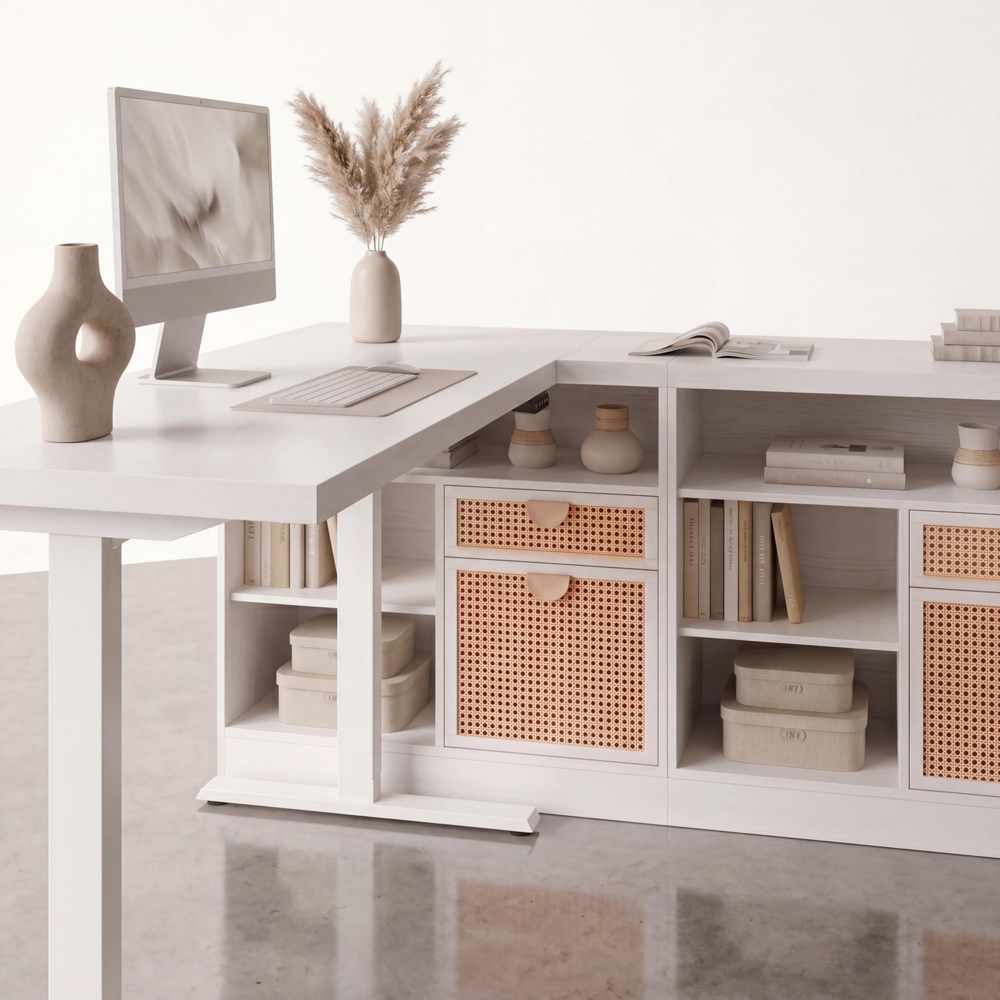 ModernMate 67" L Shaped Electric Standing Desk with 4 Drawers, Corner Executive Workstation with 2 File Cabinets, Height Adjustable with AC/USB for Home Office, 1.18" One-Piece Desktop, White Rattan