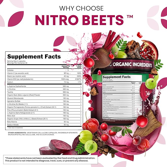 Clean Nutra Organic Beet Root Capsules L Arginine L Citrulline Pine Bark Nitric Oxide Beetroot Powder Arginine Citrulline Supplement Pre Workout Supplements Extract ??120 Vegan Pills