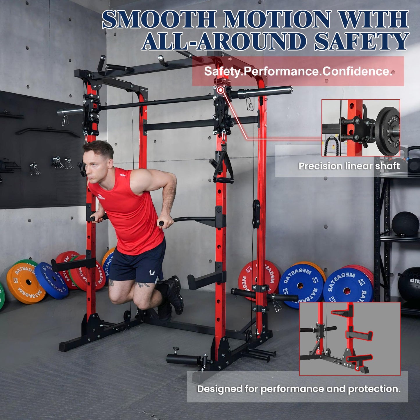 Smith Machine, 5 in 1 Heavy-Duty Squat Rack with Cable Crossover, All-in-One Home Gym Power Rack for Full-Body, Dual 1:1 Pulley System