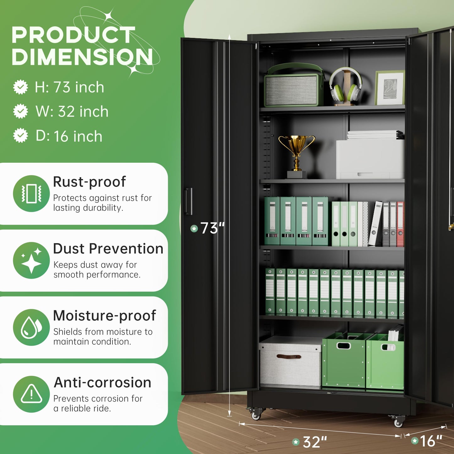 INTERGREAT 73" H Metal Storage Cabinet with Wheels, Locking Doors and Adjustable Shelves, Black Rolling Steel Tool Cabinet for Home Office, Garage, Warehouse