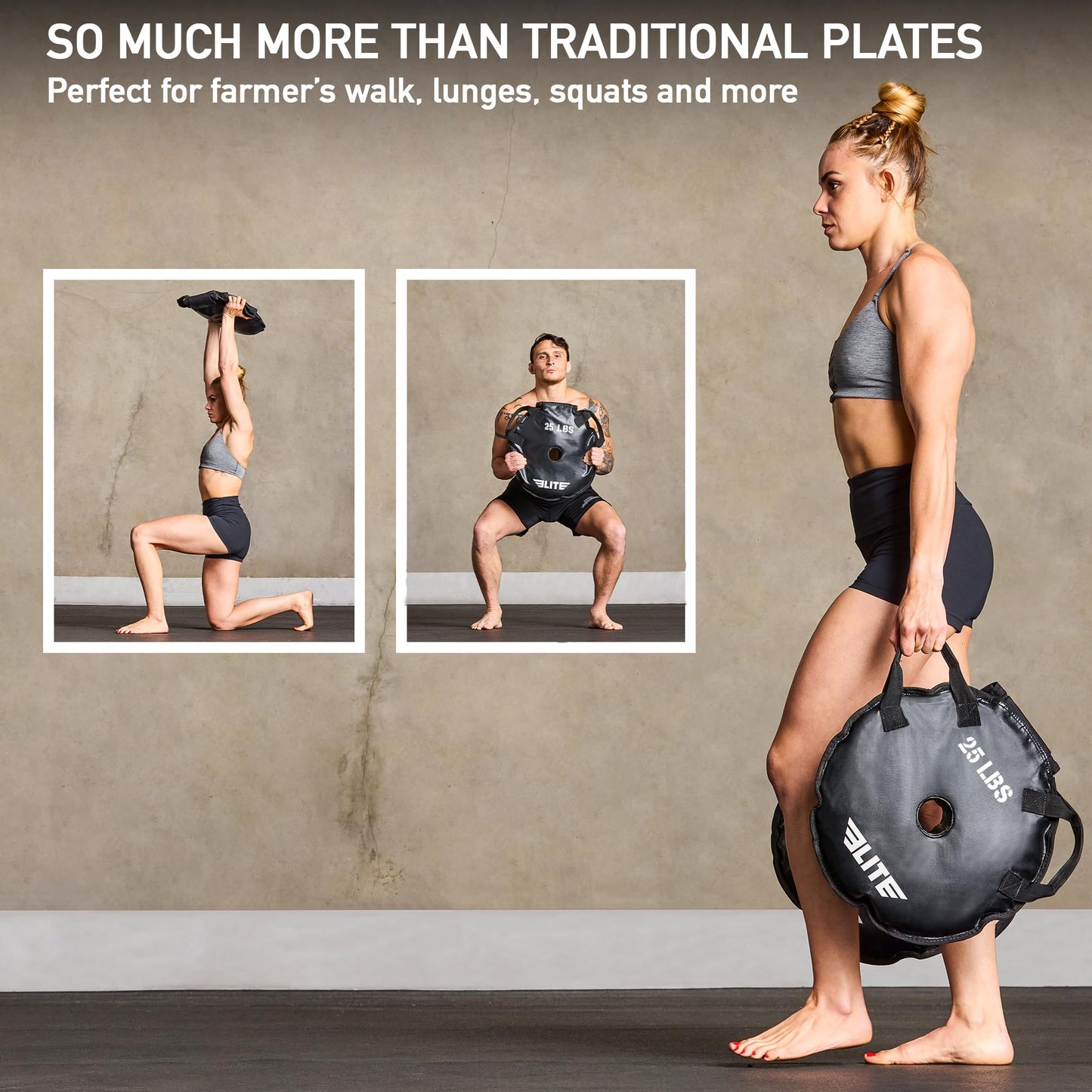 Elite Sports Unfilled Workout Sand Plates (Set of 2) Olympic Weight Plates for Barbell Training, Drop-Proof Waterproof TPU Material, 10/15/25/35/45 LB, Strength, Home Gym and Functional Fitness