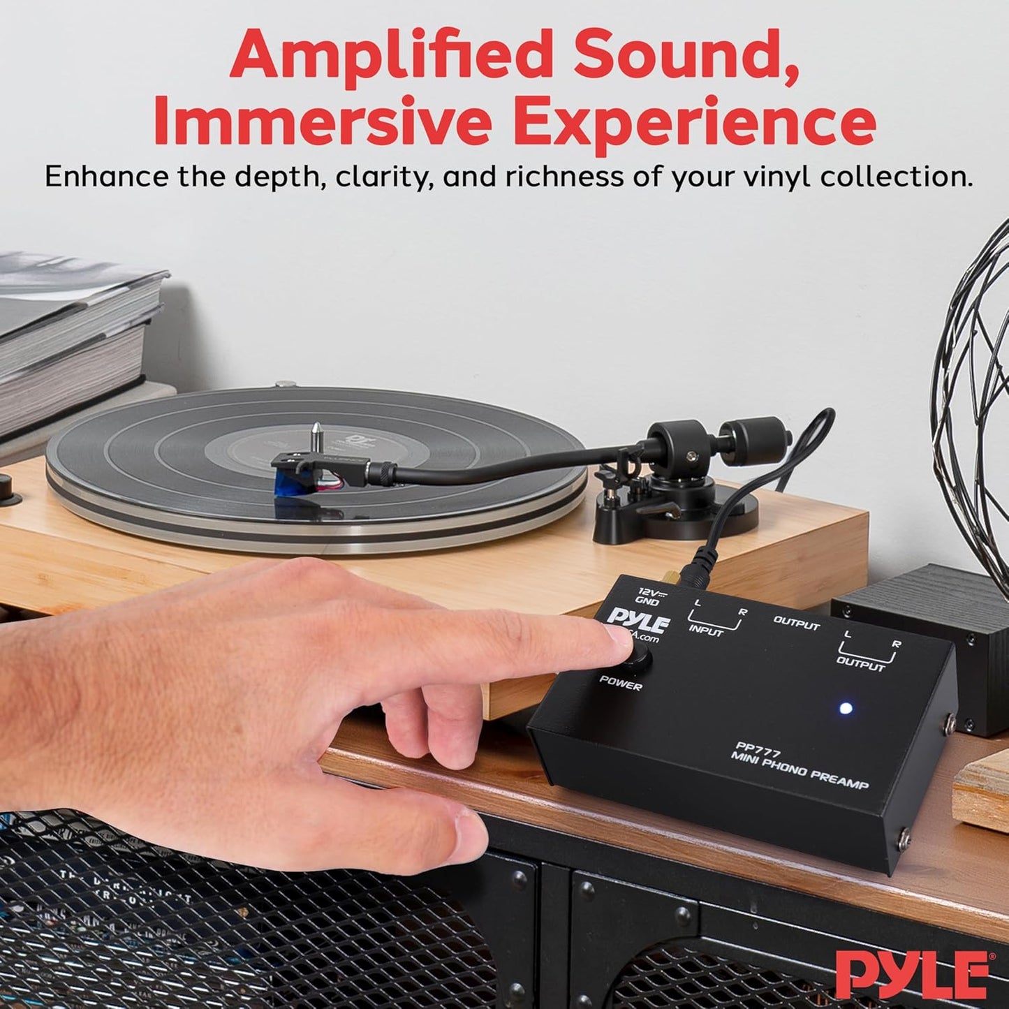 12V Pyle Phono Turntable Preamp - Mini Audio Stereo Phonograph Preamplifier with RCA Inputs & Outputs, Low Noise