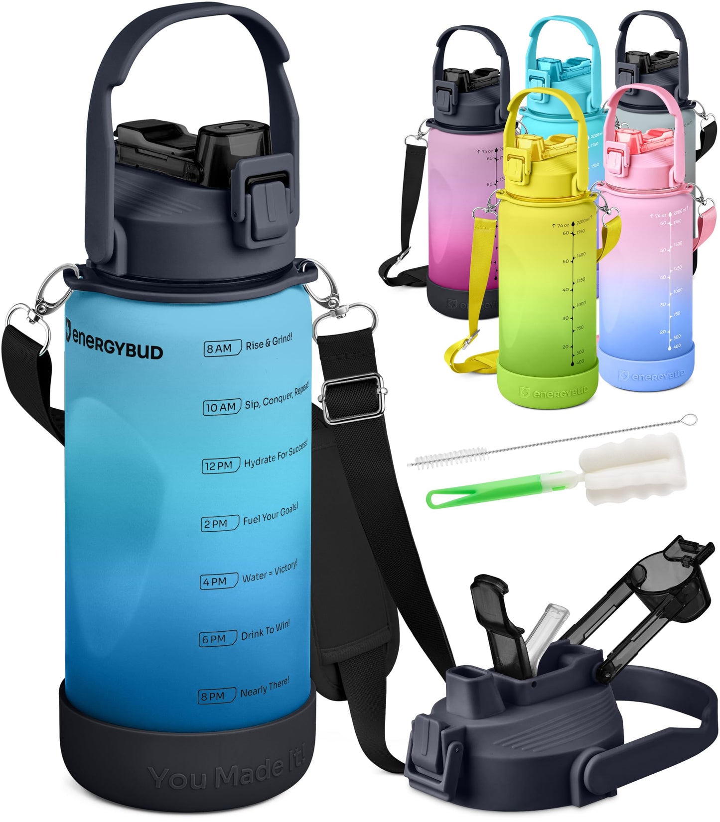 EnergyBud 1/2 Gallon Water Bottle with 74.3 oz Capacity - Motivational Time Markers for Daily Hydration Goals - Leakproof BPA Free Tritan with Removable Straw