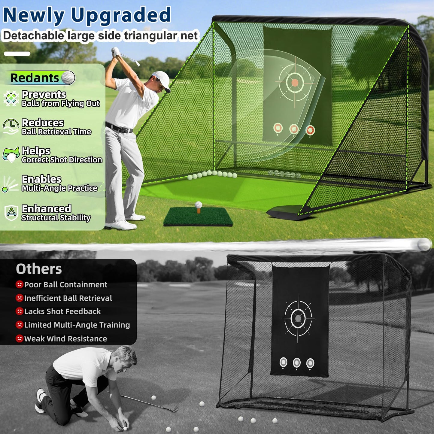 10x7ft Golf Hitting Practice Net for Real Golf Balls, Heavy Duty Driving Training Cage with Reinforced 7-Layer Mesh & Mat, Portable Backyard Net for Indoor Outdoor to Improve Your Swing