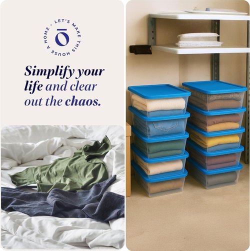 HOMZ 10-Pack Snaplock Storage Bins - Clear Plastic Organizer Boxes with Lids, 6 Quart, Blue | Stackable for Home & Office