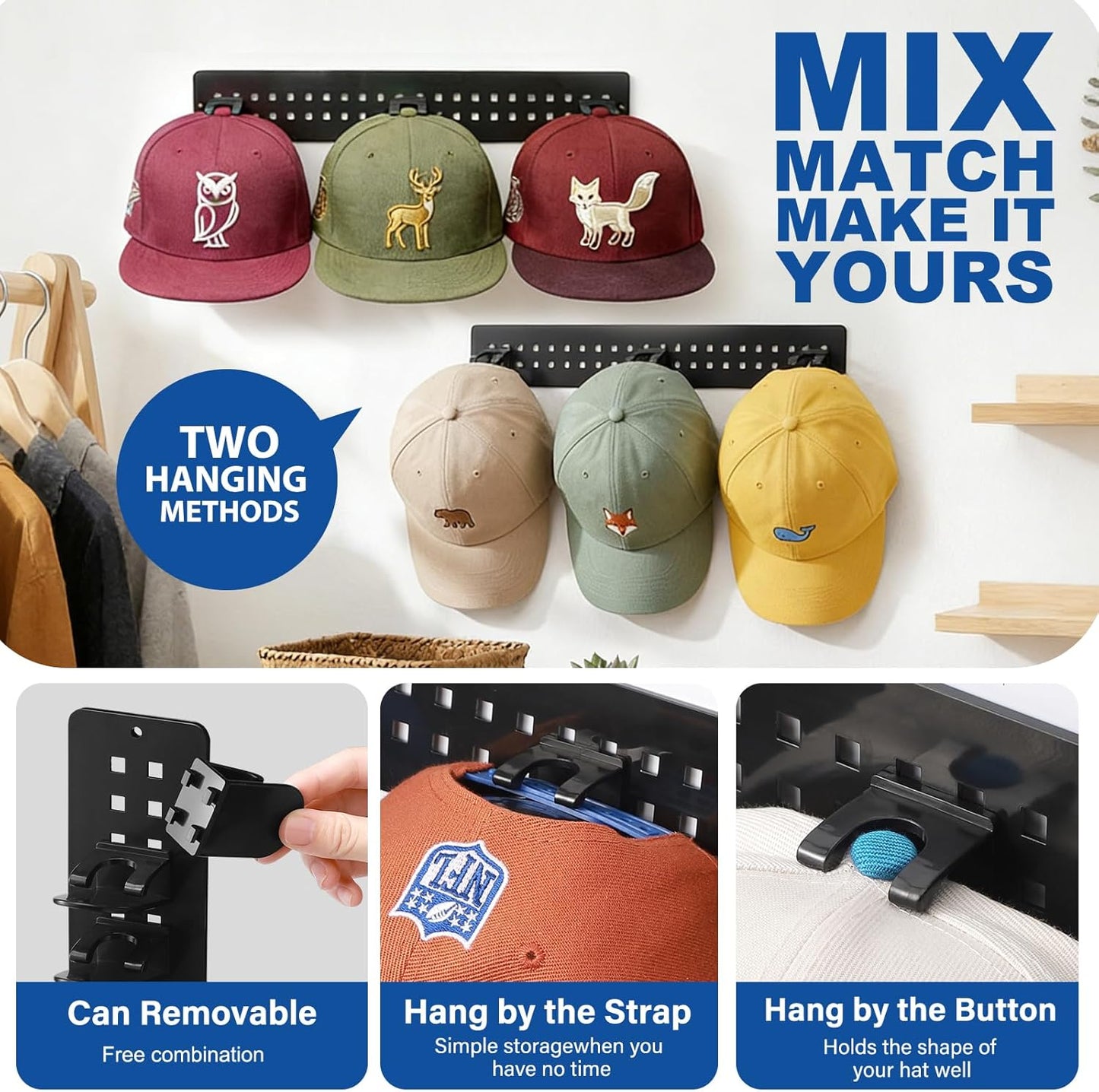 Skiennix Hat Hook Organizer - 2 Pack Baseball Cap Hanger with Strong Adhesive | Multi-Layer Storage for 20 Caps - Black