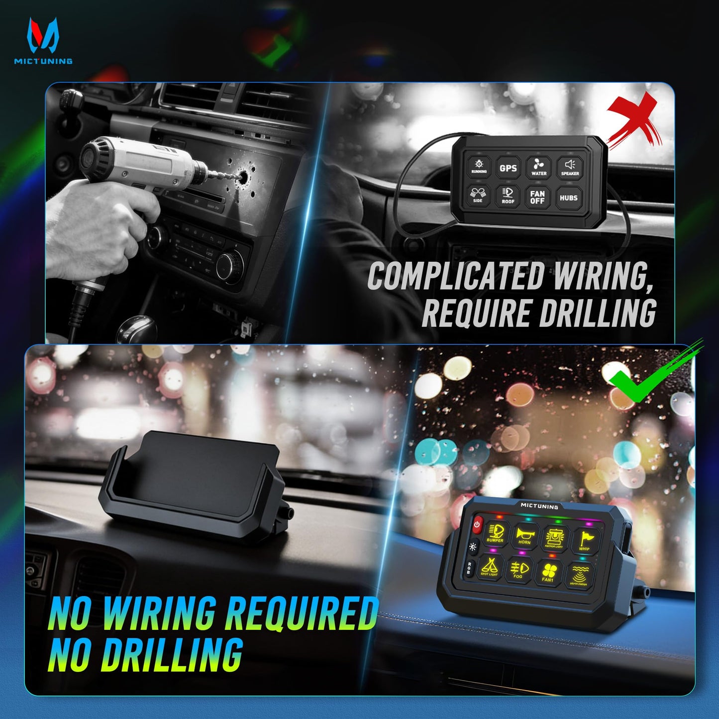 MICTUNING P1s-W 8 Gang RGB Wireless Switch Panel, 328FT 433MHz Remote Range, Up to 4-Panel Sync, Multi-Function Backlit Toggle/Pulsed/Momentary/Strobe Control for Offroad Trucks & Cars, Plug and Play