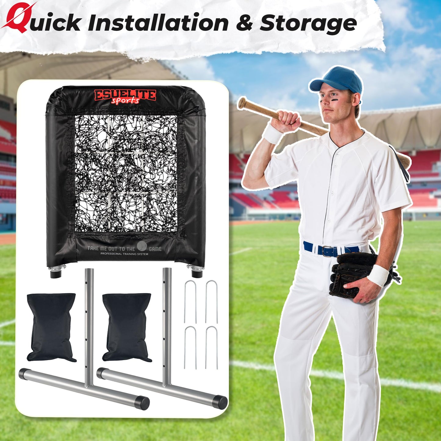 Heavy-Duty 9 Hole Pro Style Baseball & Softball Pitching Net with Strike Zone Target - Adjustable Portable Design for Training, Includes 4 Stakes & 2 Sandbags（Black Pro）