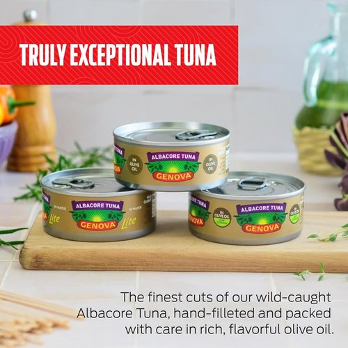 Genova Premium Albacore Tuna - Wild Caught Solid White in Olive Oil | Low Sodium, 5 Oz Cans (Pack of 12)