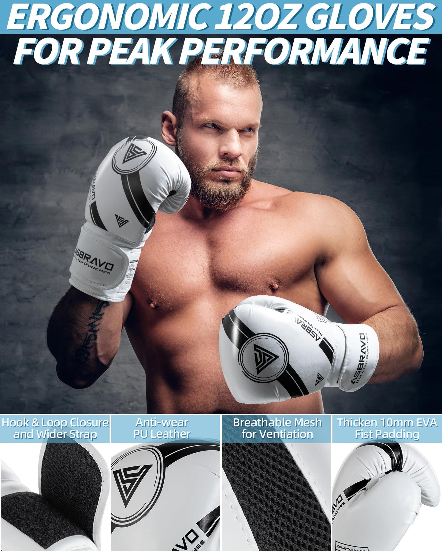 ASBRAVO Punching Bag for Adults, 4ft PU Heavy Boxing Bag Set 12OZ Gloves for MMA Muay Thai Kickboxing Training Home Gym, Martial Art (Unfilled)-White