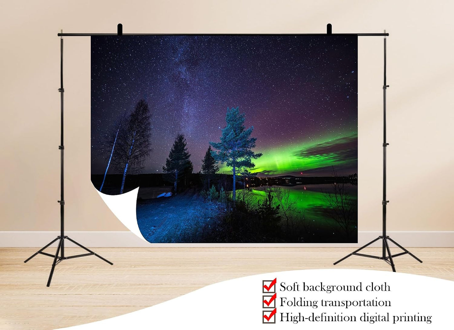 UPXIO 8x8ft Northern Lights Over Lake Backdrop Green Aurora Borealis and Starry Nordic Night Sky Photo Background