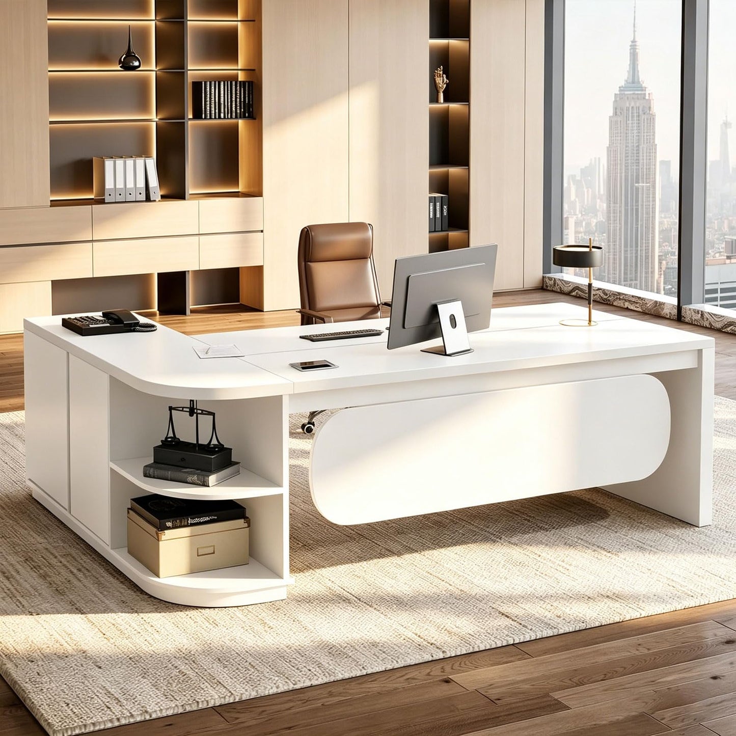 LBCZJYX Executive Desk L Shaped Office Desk with Storage Cabinet, Large Wood Table with Drawers, Cable Grommet & Modesty Panel, Modern Home Office Furniture for Manager Workspace, Multiple Sizes