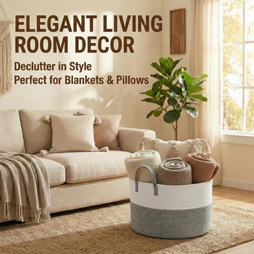 JMvicyroam 65L Extra Large Blanket Basket - Woven Cotton Rope Laundry Hamper with Handles | Machine Washable, White & Grey