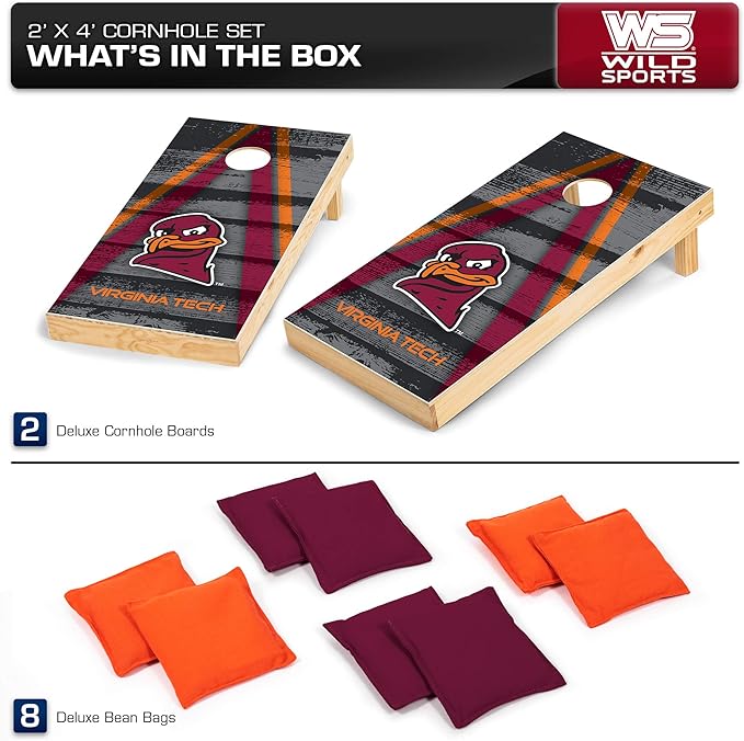 Wild Sports NCAA College 2' x 4' Wood Direct Print Tournament Cornhole Set, 8 Bean Bags, Vintage Triange Design - Tailgate, Outdoor, Backyard