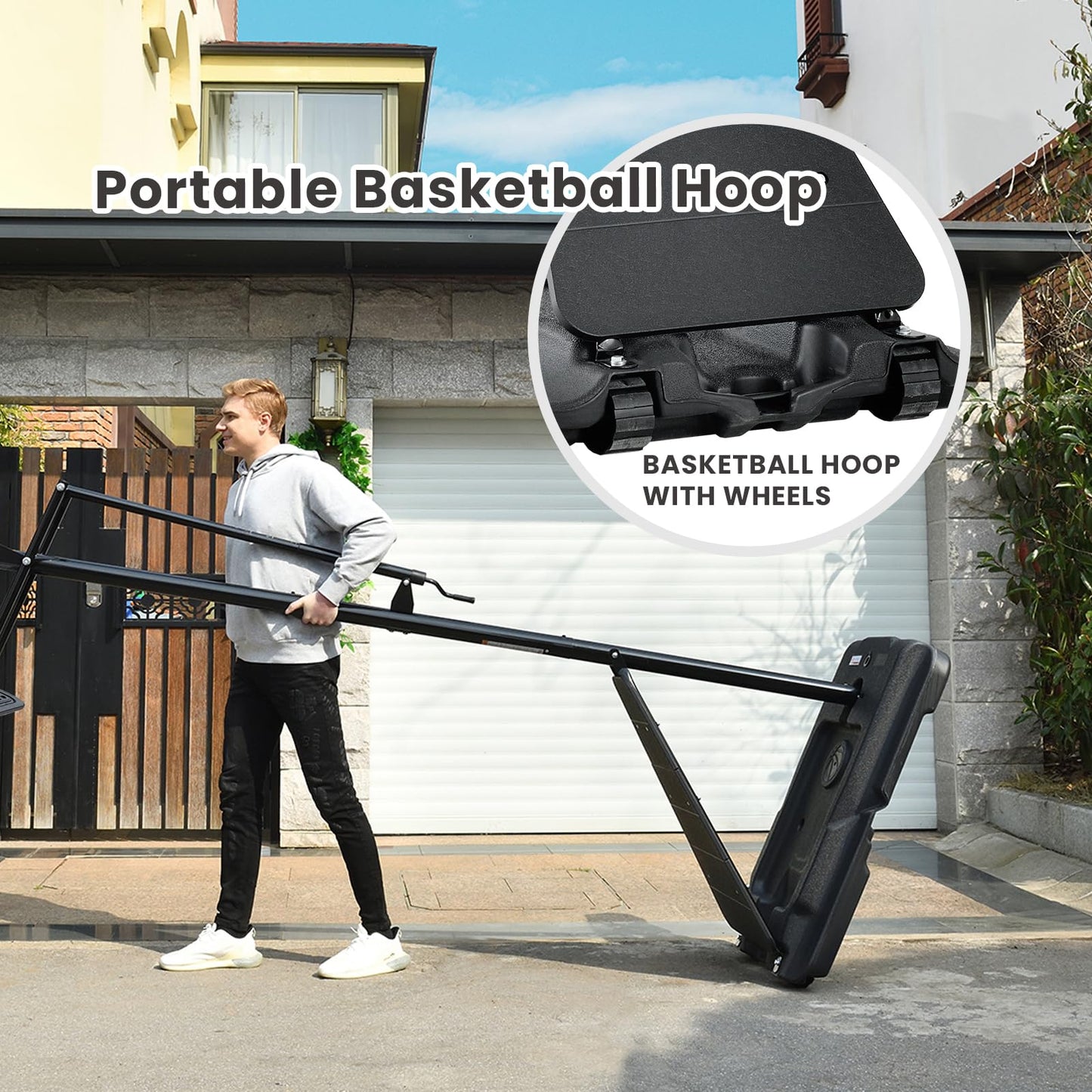 AWII SPORT Basketball Hoop Outdoor 48Inch Impact Backboard, 5.3-10FT Height Adjustable Basketball Hoop Goal System with Portable Wheels for Adults (Black, 48inch Backboard)