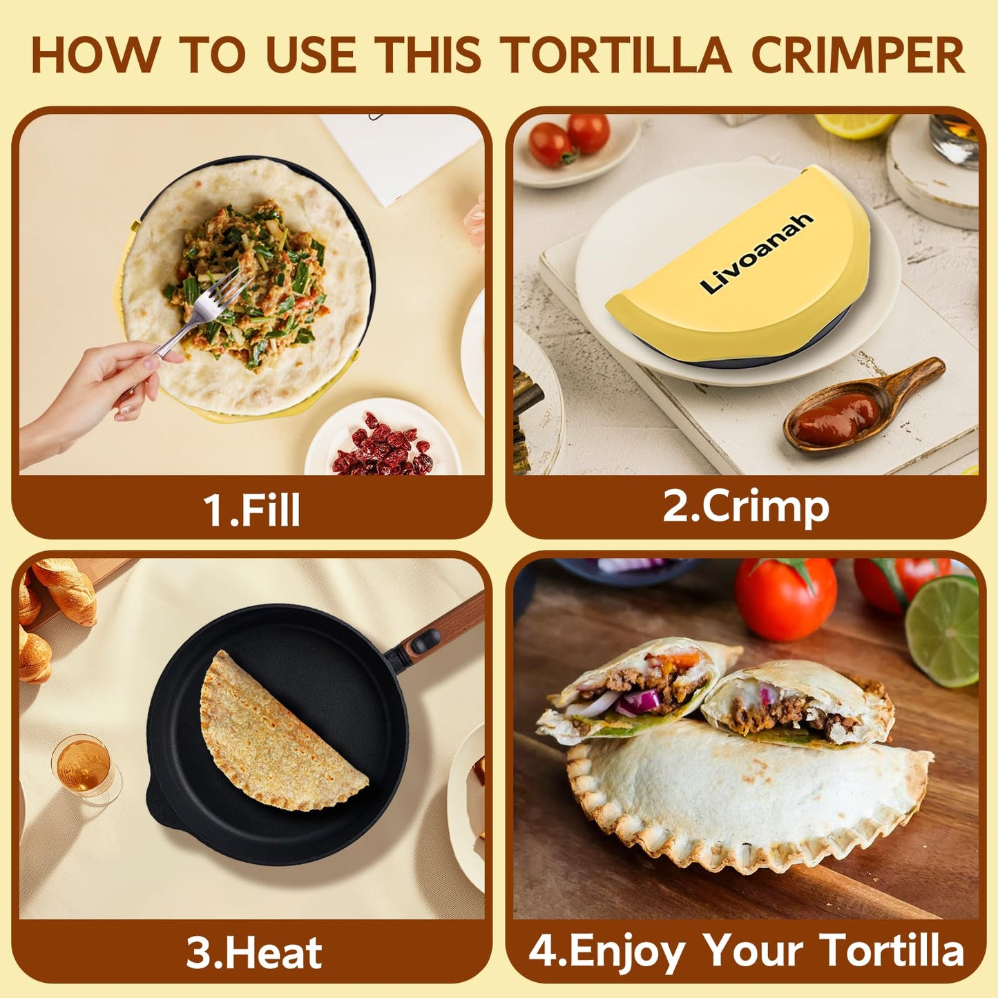 Tortilla Sealer Crimper Press - 4-in-1Quesadilla Maker for 4, 6, 8, 10 Inch Multi-Size Quesadilla Crimper | Burrito Maker for Large Batches, Tacos & Empanadas | BPA-Free & Dishwasher Safe