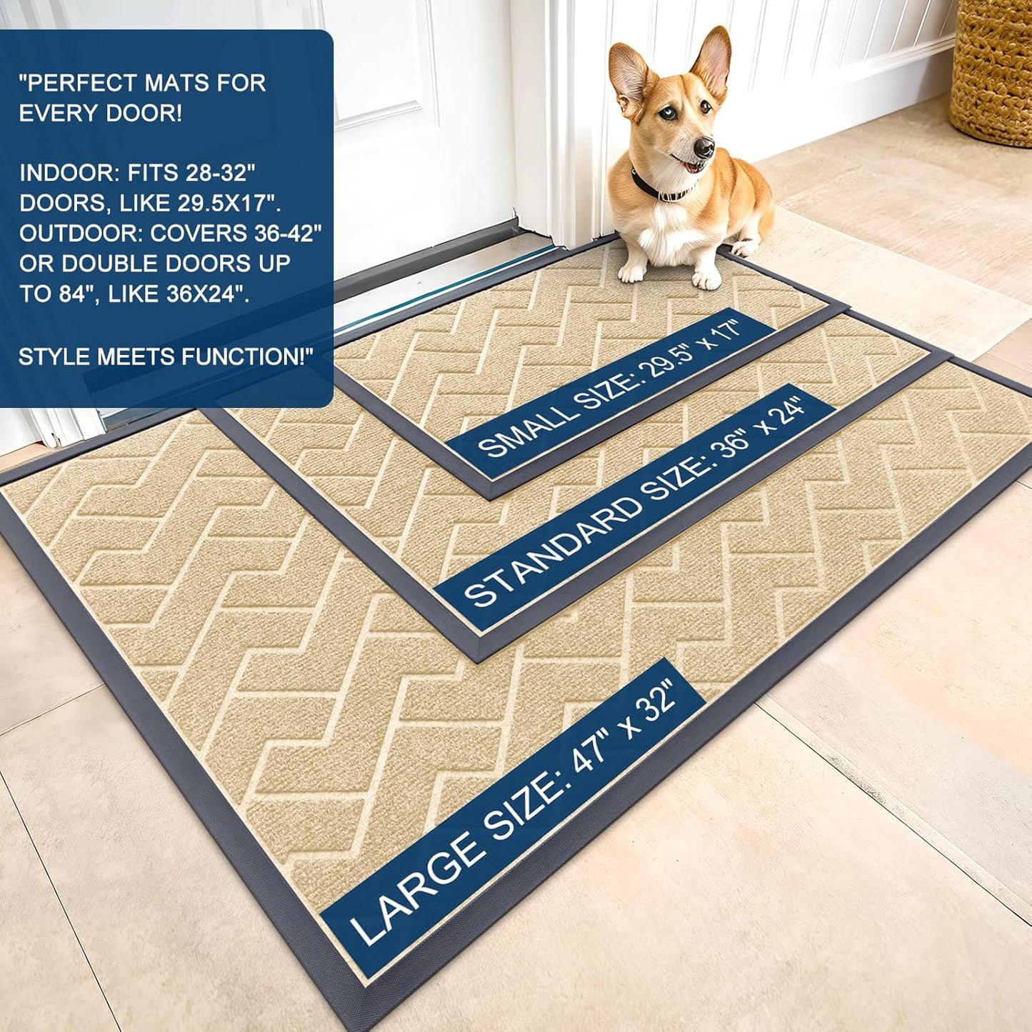 OLANLY Indoor Outdoor Front Door Mat - Waterproof All-Season Herringbone Doormat | Easy Clean, Beige 47x23