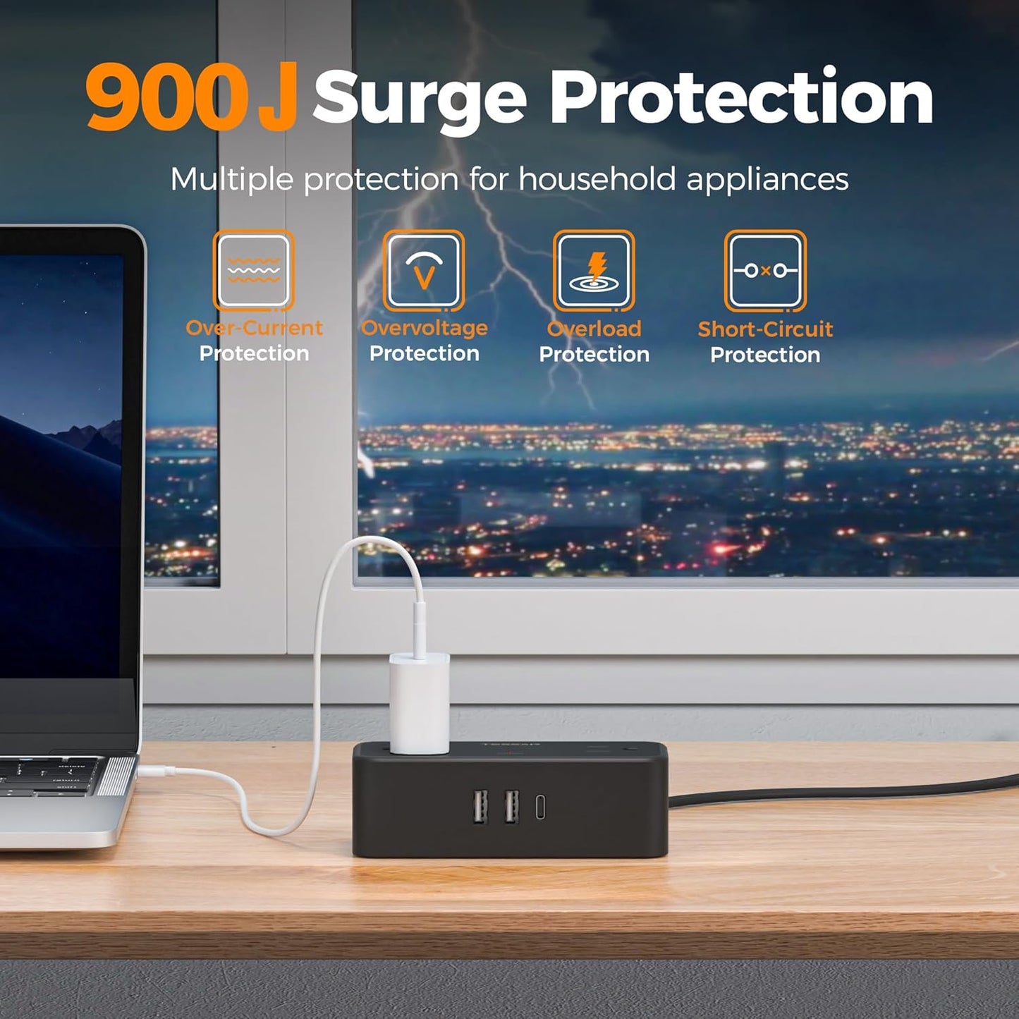 TESSAN 5 4 1 2 900 Flat Plug Extension Cord FT, Surge Protector Power Strip with AC Outlets USB C and USB A Ports