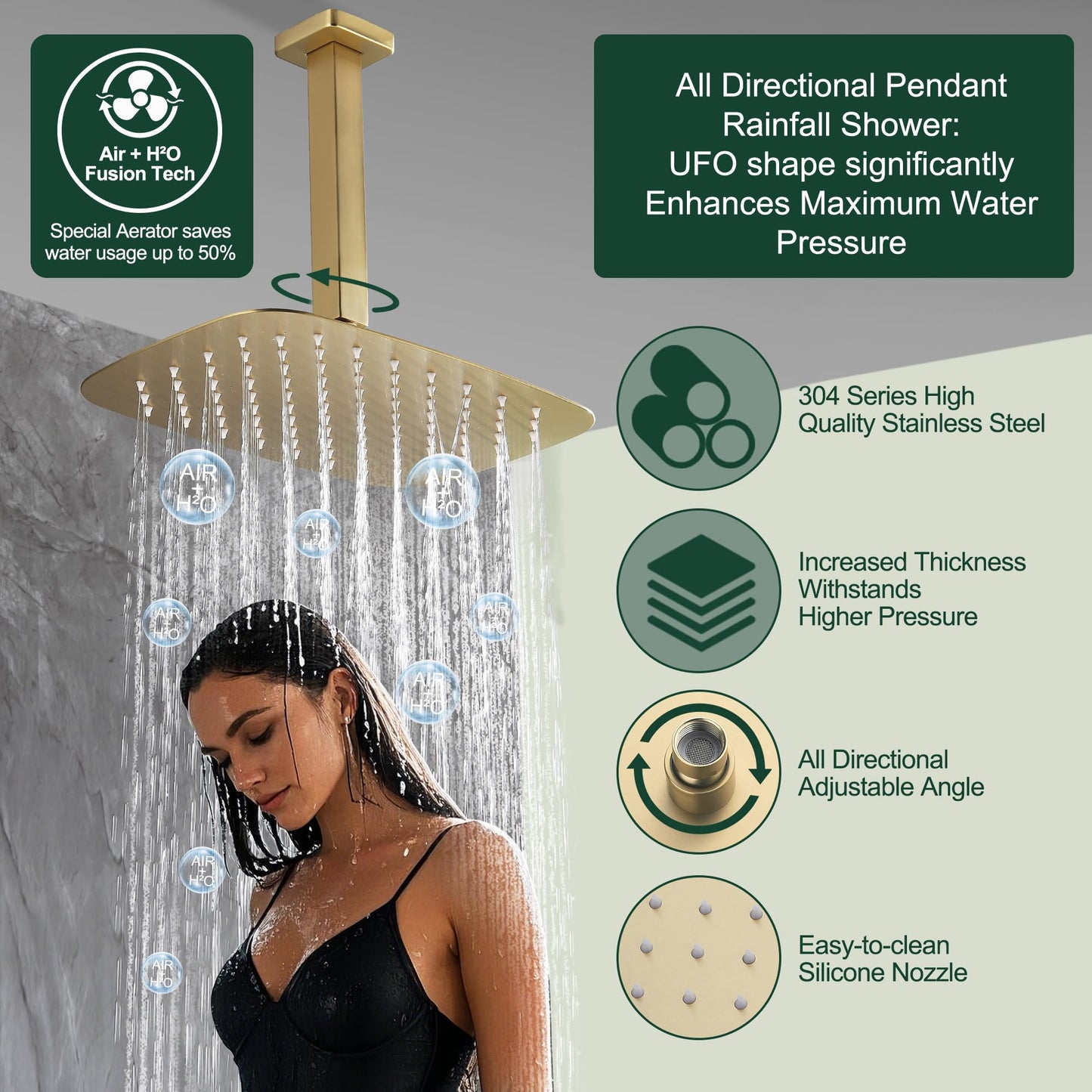 HMEGAO Shower Faucet Sets Brushed Gold, 12" Ceiling Mount Rainfall Shower System with 6" Wall Mount Shower Head and 2 in 1 Handheld Retrofit Shower System, Push Button Diverter Shower Fixture Trim Kit