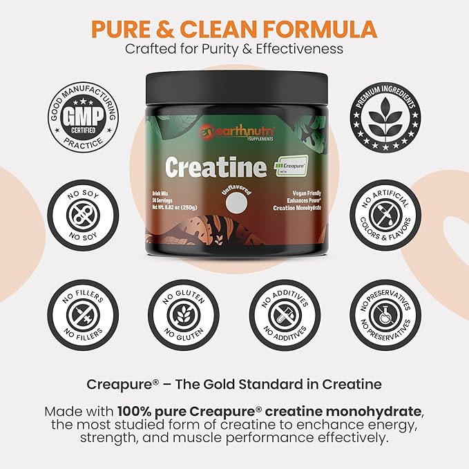EarthNutri Creatine Monohydrate Powder - Pure Creatine Supplement for Muscle Strength, Strength & Performance – Non-GMO, Sugar-Free, Additive-Free – for Men & Women, Unflavored 250g