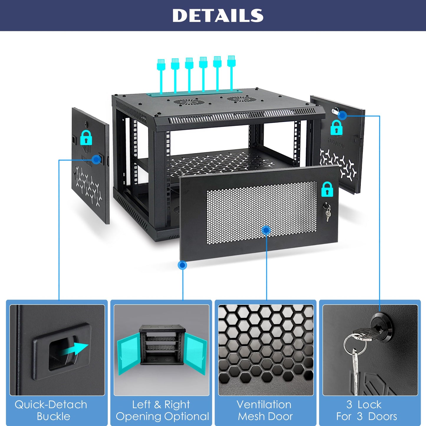 OCEANHUG 12U Wall Mount Server Cabinet with A Lockable Front Vented Door, Cooling Fans, Removable Side Panels - 45cm Depth, 19" Network Rack Including 2 PCS Full-Size Rack Shelves for IT Equipment