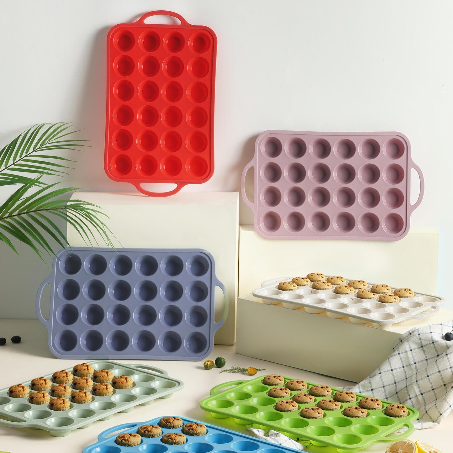 2 Packs 24 Cups Silicone Muffin Pan with Metal Reinforced Frame Mini Size Cupcake Pan Tray Egg Bites Silicone Circle Cookie Molds Muffin Tin Tart Pans Baking Sheet Set for Breakfast Sandwiches