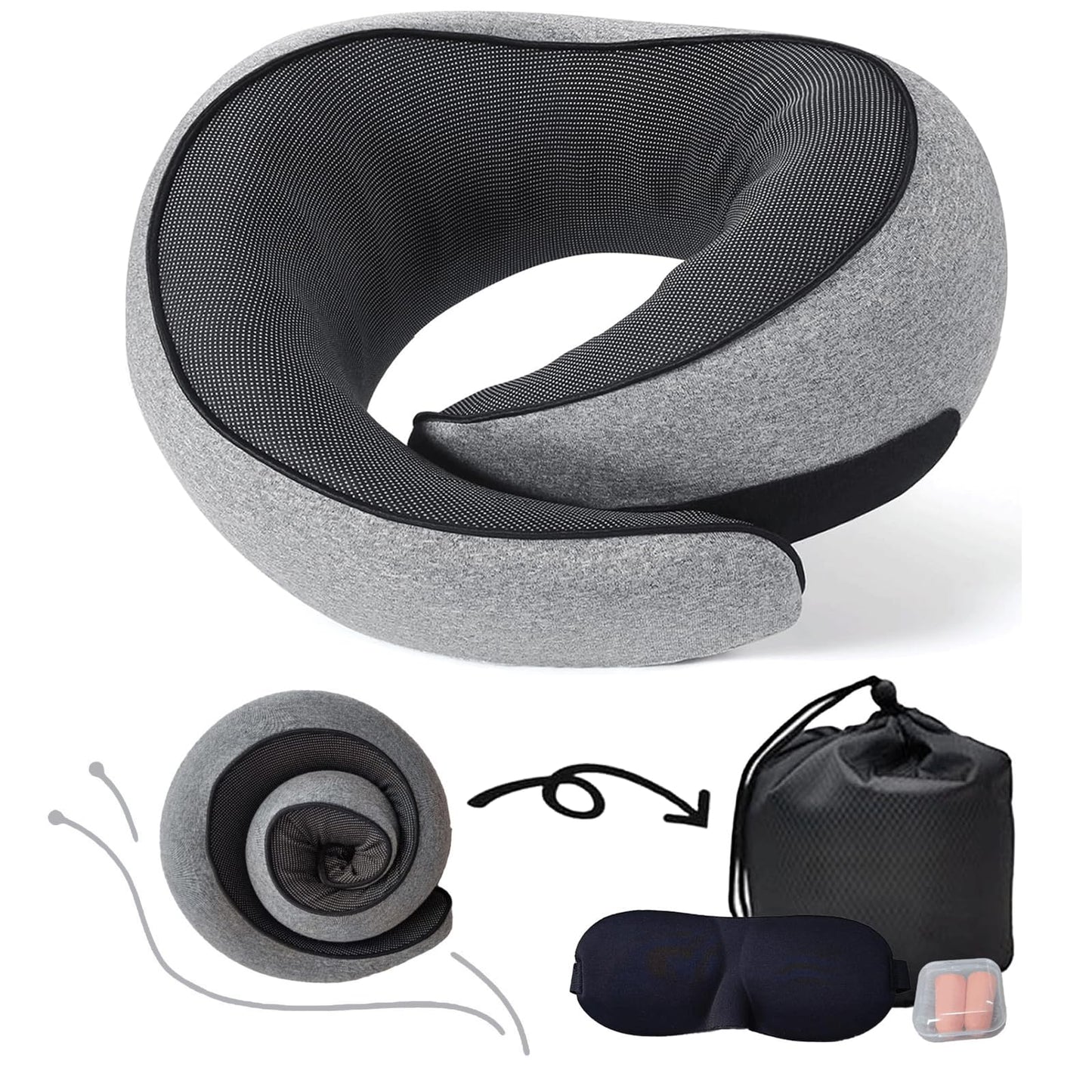 Neck Pillow for Traveling, Travel Neck Pillow for Airplanes, 100% Pure Memory Foam, 360° Support Stowable Pillows for Sleeping, Breathable & Washable Cover, Compact for Travel, Car & Office (Gray)