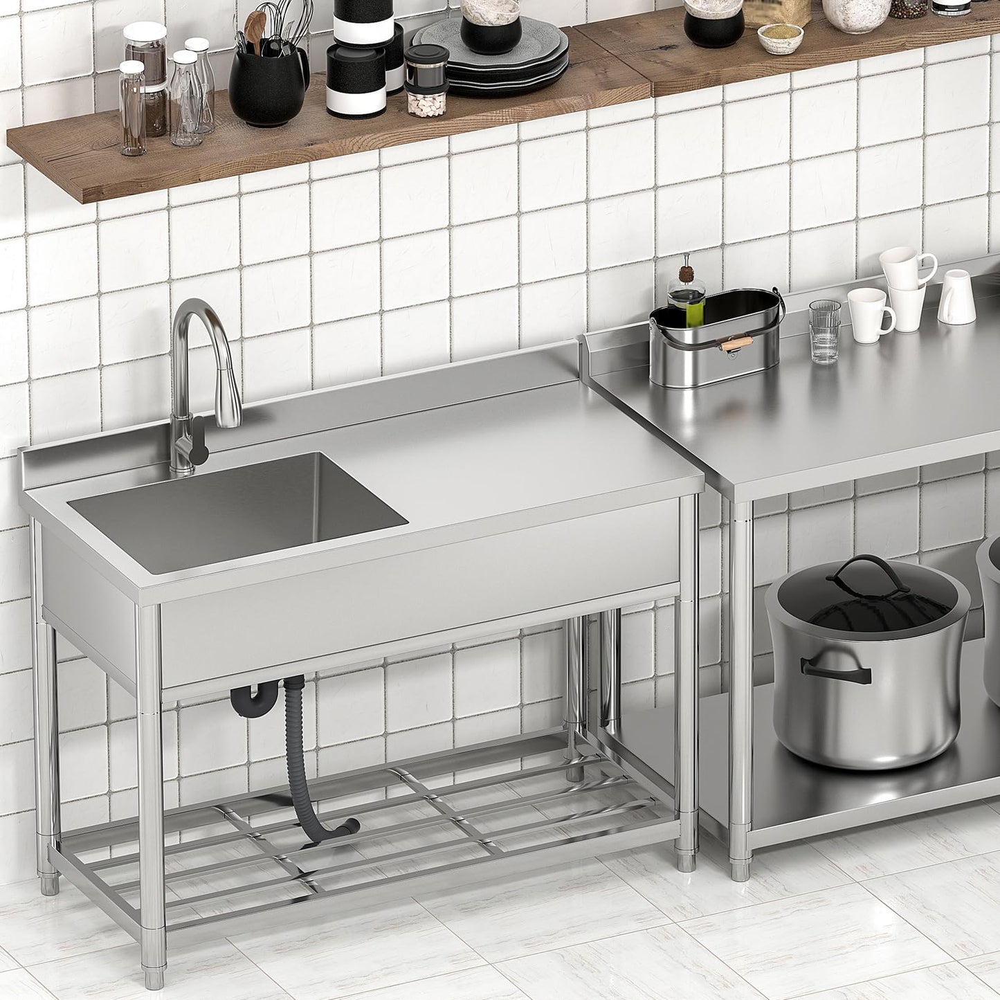 GGW Commercial Sink with Drainboard, Stainless Steel Utility Sink with Pull-out Faucet, Free Standing Single Bowl Kitchen Sink with Workbench for Restaurant, Garage, Outoor, 21.7"D x 47.2"W x 37"H