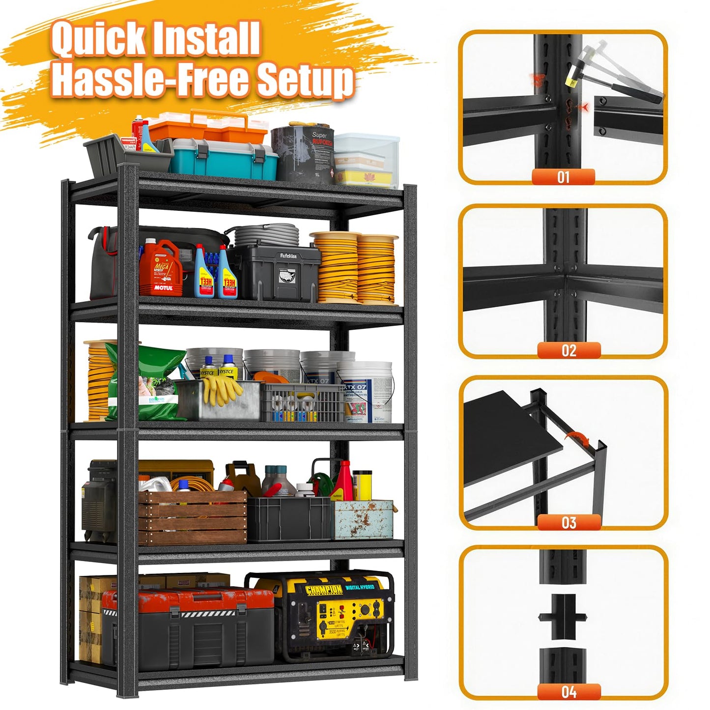 PRESTELION Garage Shelving 3000LBS Storage Shelves 5-Tier Adjustable Metal Shelving Units Garage Storage Shelves Heavy Duty for Industrial, Warehouse, Basement, Commercial, Black (78" H×45" W×16" D)
