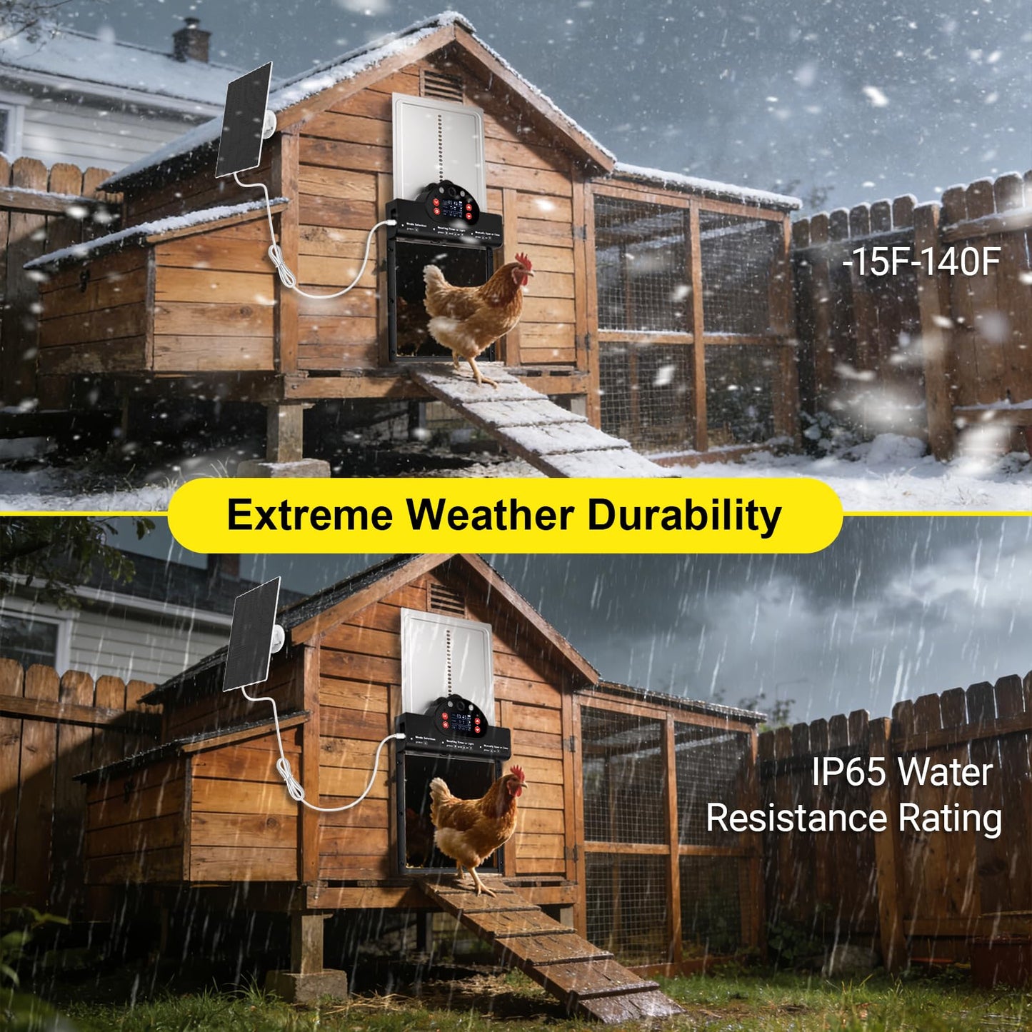 Solar Powered Automatic Chicken Coop Door with 2K Camera, 10m Night Vision Alarm, IP65 Wireless Auto Opener, 6-Month Battery Life, APP Control & 2-Way Audio, Anti-Pinch Safety Design